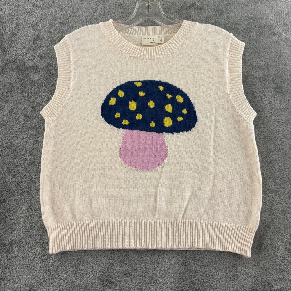 Dreamers by Debut Mushroom‎ Crop Sweater Vest Women L Cream Knit Crew Neck